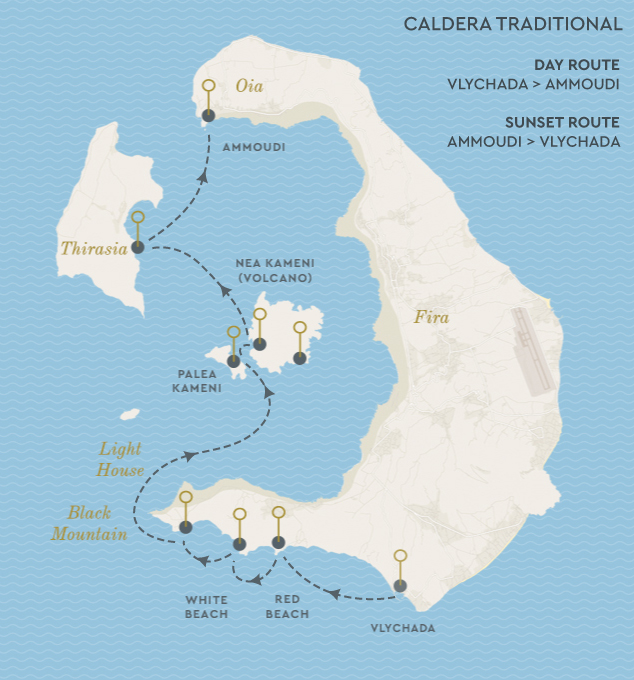 Caldera Traditional cruise route around Santorini, from Ammoudi to Vlychada